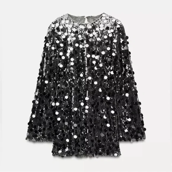 Zara Silver Sequin Long Sleeve Dress - Picture 2 of 10